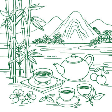 中国风茶元素素描线稿包装设计底纹矢量图