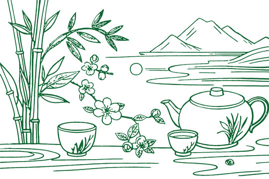 中国风茶元素素描线稿包装设计底纹矢量图