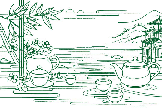 中国风茶元素素描线稿包装设计底纹矢量图