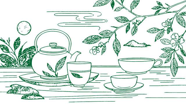 中国风茶元素素描线稿包装设计底纹矢量图