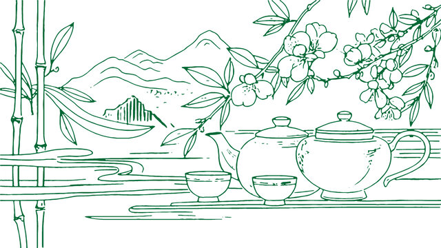 中国风茶元素素描线稿包装设计底纹矢量图