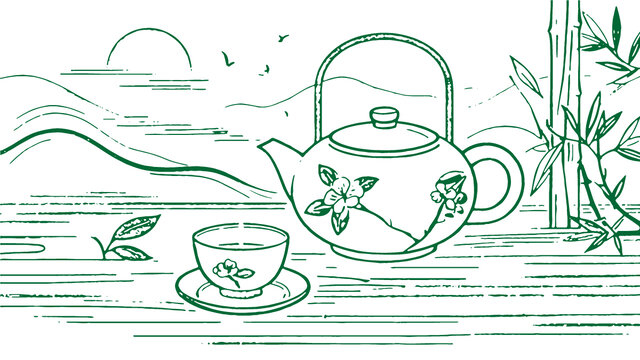 中国风茶元素素描线稿包装设计底纹矢量图