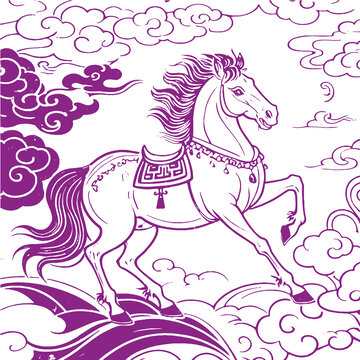 马年生肖卡通素描线稿包装设计底纹矢量图