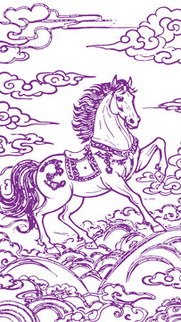 马年生肖卡通素描线稿包装设计底纹矢量图