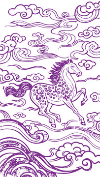 马年生肖卡通素描线稿包装设计底纹矢量图