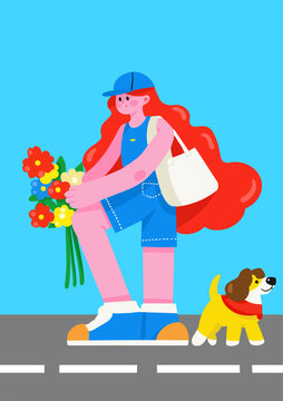 卡通扁平女孩花朵插画