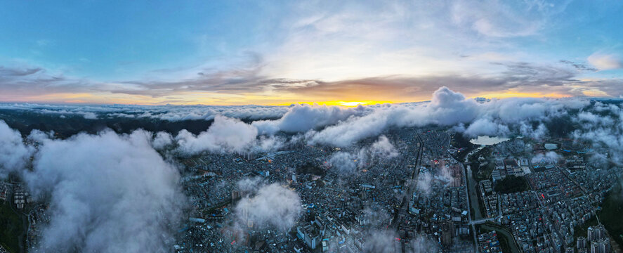 广西靖西县县城航拍图素材夕阳云层
