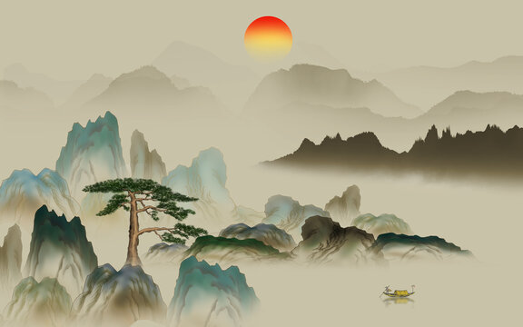迎客松山水画