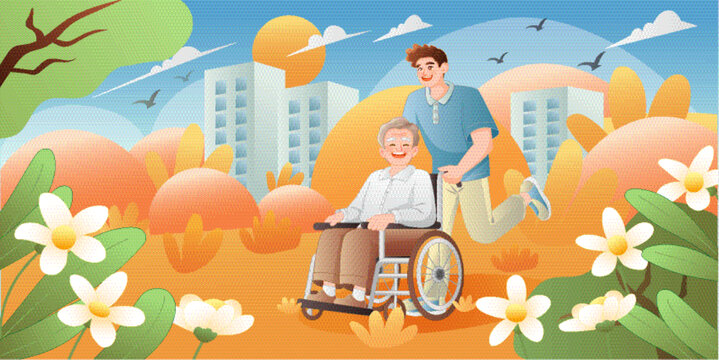 重阳节父亲节年轻人推着坐在轮椅上的老年人