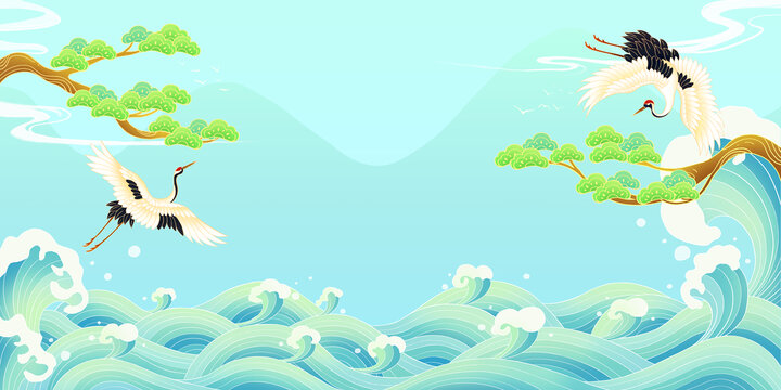 国潮松鹤背景海报