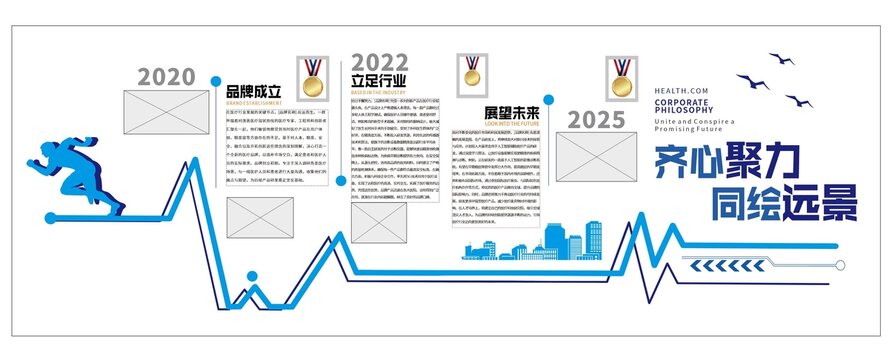 齐心聚力同绘远景文化墙蓝色文化墙
