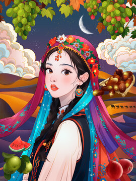 新疆女孩水果特产插画大漠丝路风光