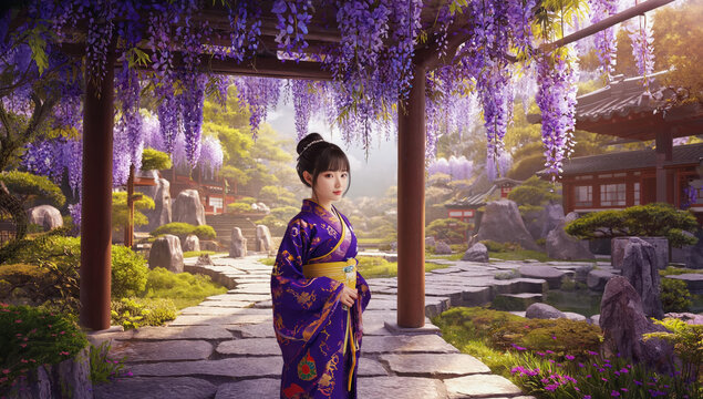 美丽花园中穿着传统服装的亚洲女孩