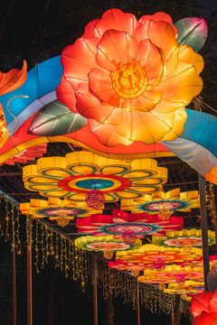 夜间繁花彩灯绚丽垂挂景观造型