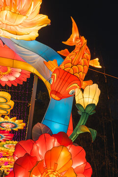 夜间锦鲤花卉彩灯绚丽造型景观
