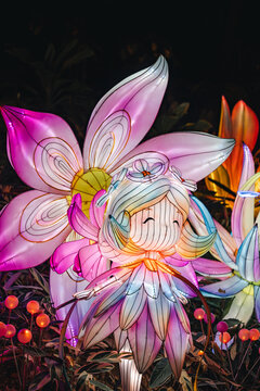 夜间花中少女造型梦幻彩灯景观