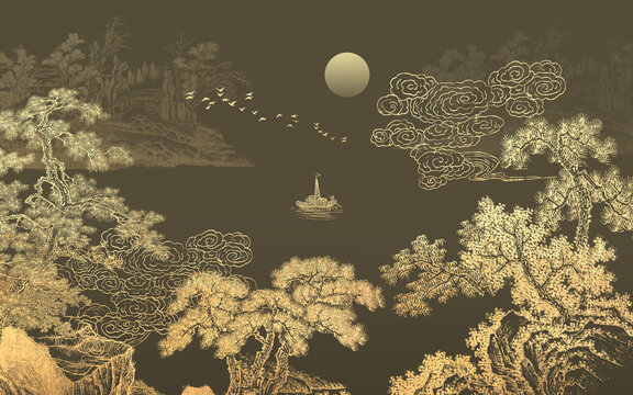 中式金色线描山水背景壁画
