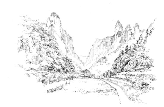 湖南湘西土家族苗族德夯大峡谷钢笔画