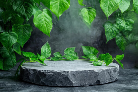 绿色植物环绕的灰色石头展示台