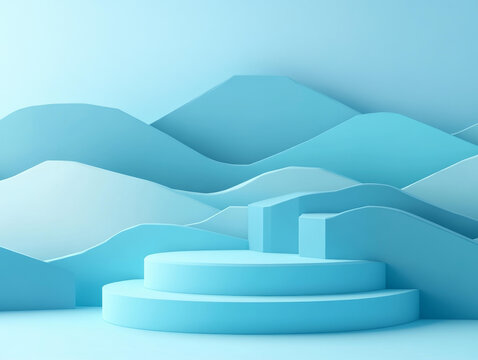 抽象浅蓝色山峦场景与展示台