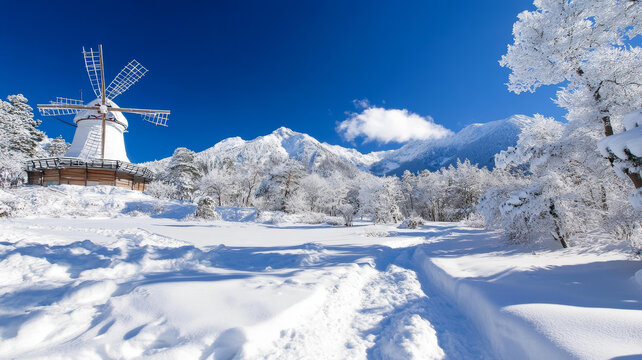 雪山风车冬日美景