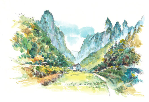 湖南湘西土家族苗族德夯大峡谷水彩