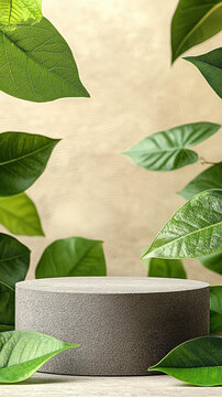 绿色植物环绕的灰色圆柱形展示台