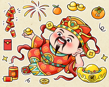 躺着拿元宝财神贴纸财神爷