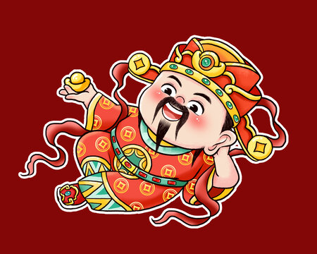躺着拿元宝财神贴纸财神爷