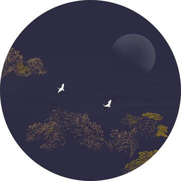 中式圆形线描描金山水原创图