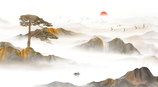 迎客松山水画