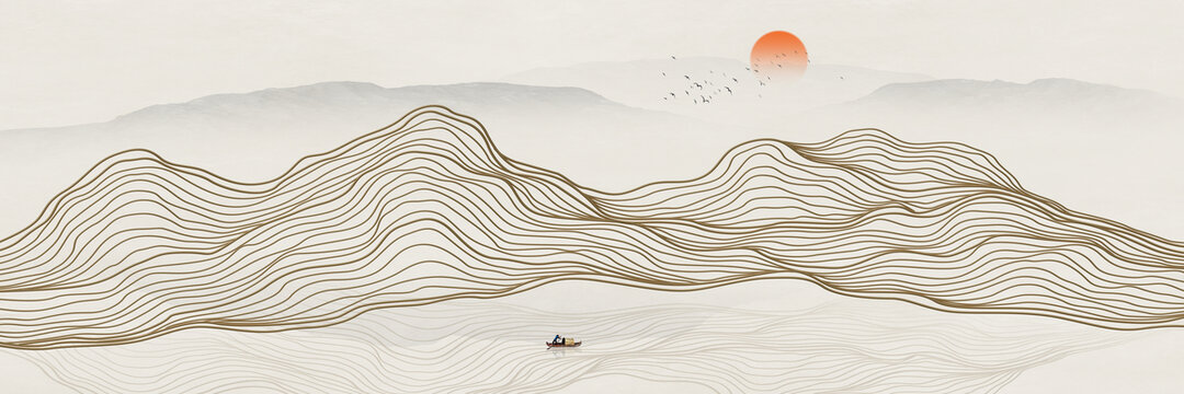 金色线条山水画