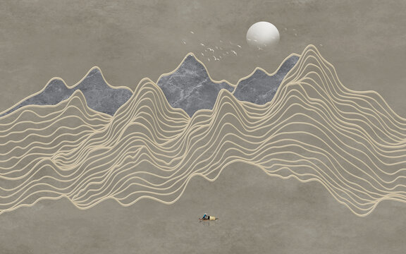 中国风金色线条山水画