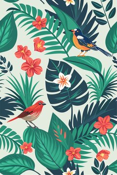 热带植物花鸟服装印花图案