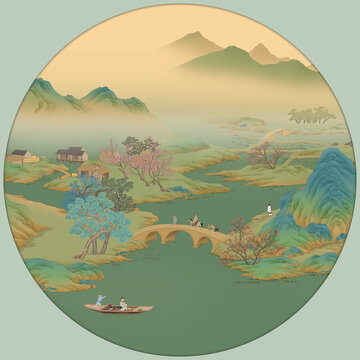 青绿山水春山图镜心