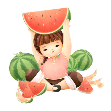 西瓜堆里吃西瓜的女孩