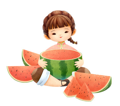 抱着半个切开西瓜的女孩