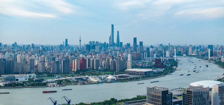 航拍上海现代都市陆家嘴城市天际线卢浦大桥