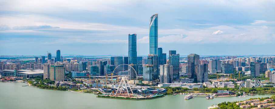 航拍苏州中心CBD金鸡湖东方之门国金中心