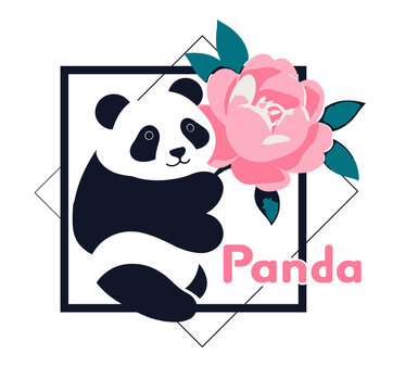 熊猫与花插画设计T恤图案eps格式矢量图
