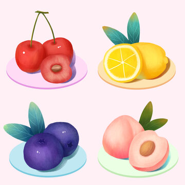 手绘扁平风樱桃柠檬蓝莓桃子插画免扣元素