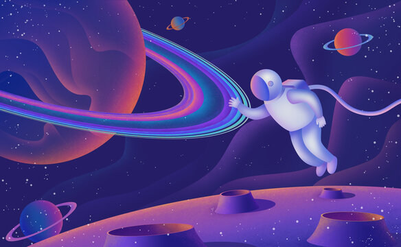 手绘扁平风宇宙星空宇航员探索科技未来插画