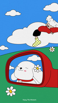 带上狗狗一起春游扁平插画