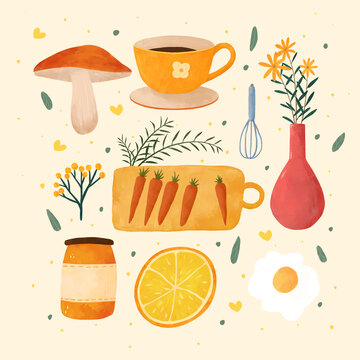 手绘扁平风格美食厨房小物件插画元素