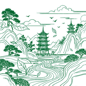 中国风山峦云雾山峰溪流底纹山水画卷手绘图