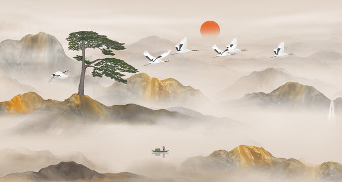 迎客松山水背景墙