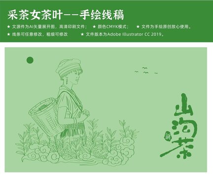 茶叶采摘茶叶包装线描茶叶茶园