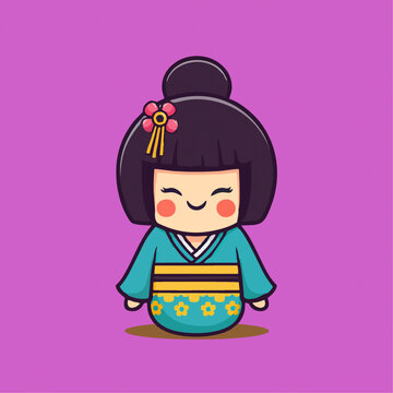 可爱日本和服女孩矢量儿童插画Q版矢量
