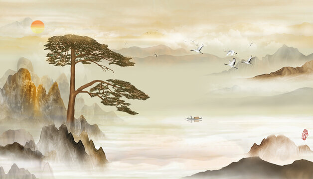 迎客松山水画