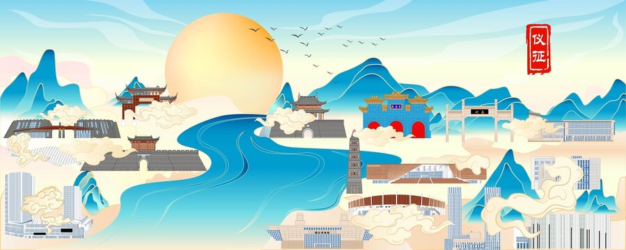 仪征地标建筑插画